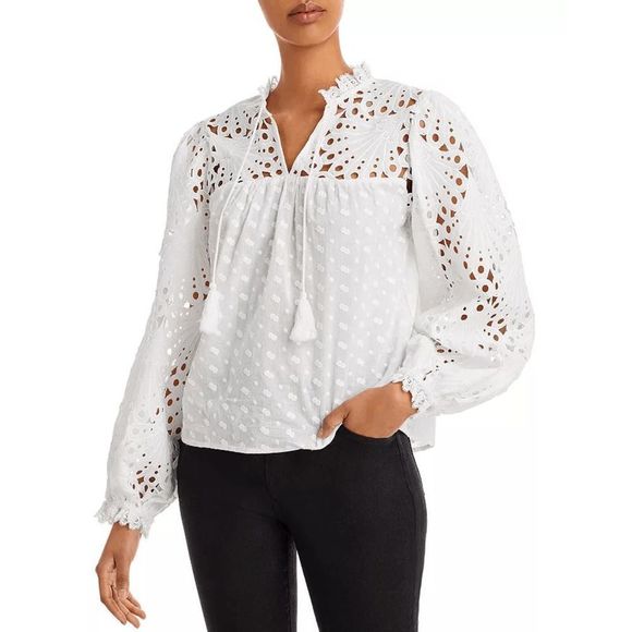 Aqua Tops - AQUA Long Sleeve Ruffled Collar Lace Tassel Top White Size XL